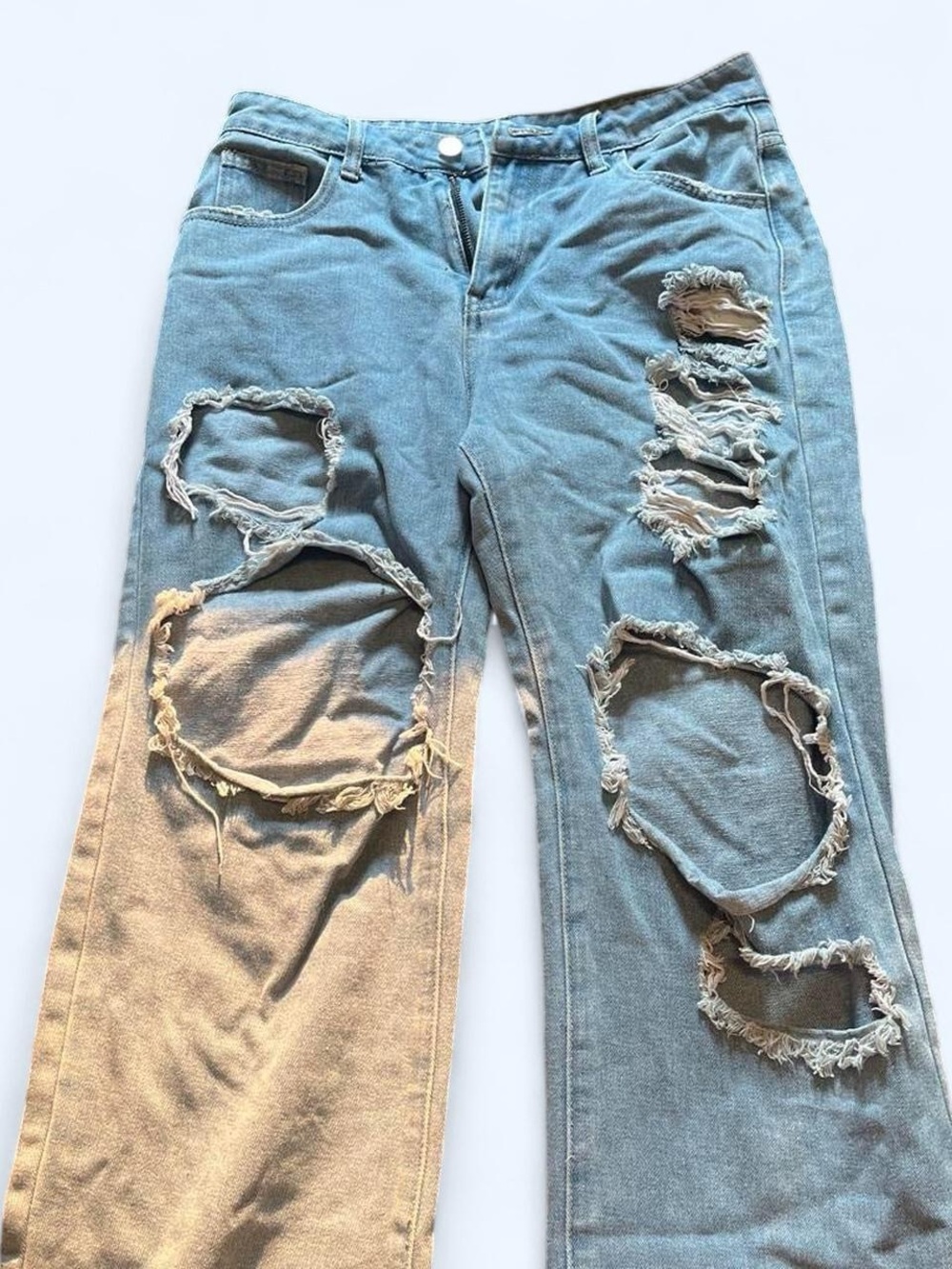 ROMWE Two-Tone Distressed Wide-Leg Jeans - Light Blue & Beige